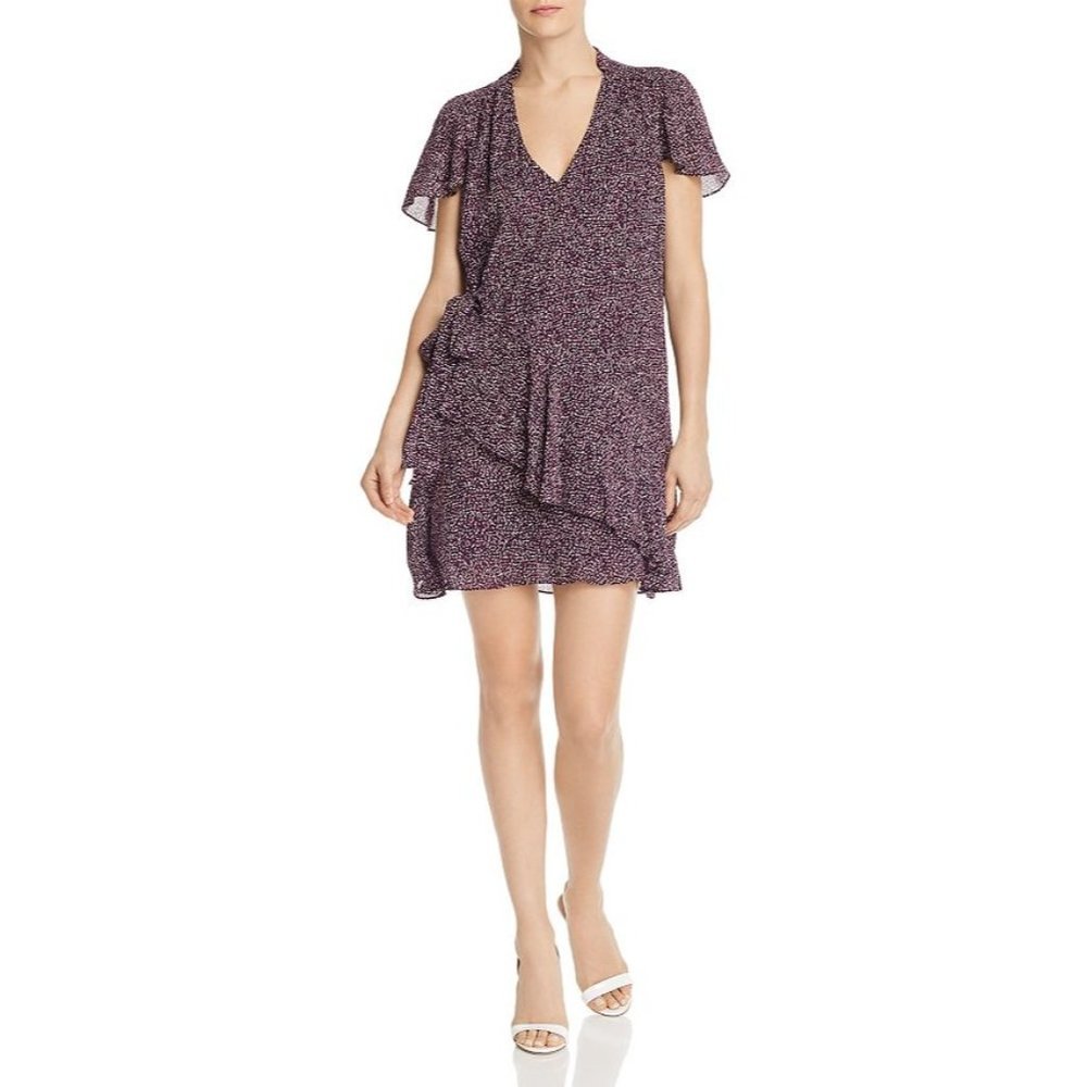 Parker Silk Purple Funfetti V-Neck Bell Sleeve Tied Ruffle Cocktail Dress Size L